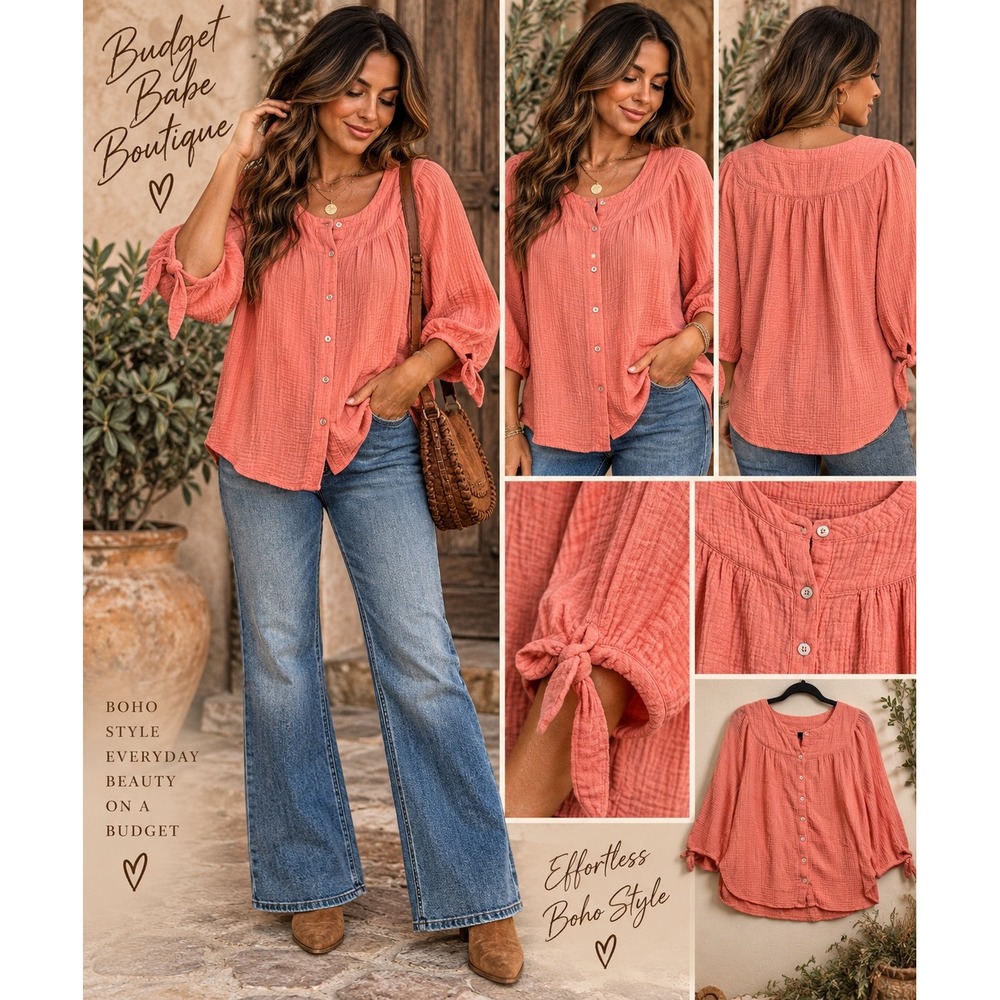 Talbots Petite Coral Pink Double Gauze Cotton Tie Sleeve Boho Blouse LP